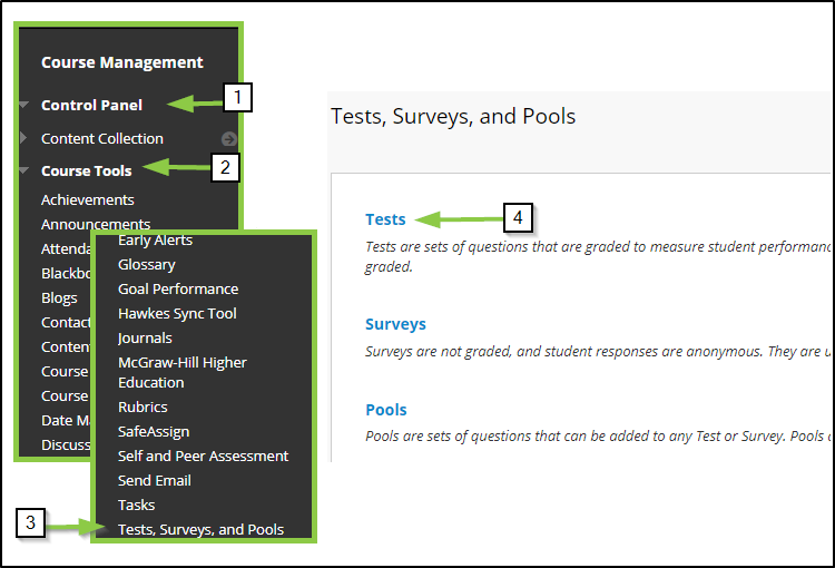 the navigation path to get to the test manager in Blackboard